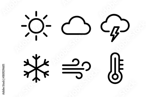 Simple outline weather symbols: sun, cloud, storm, snowflake, wind, and thermometer pictograms