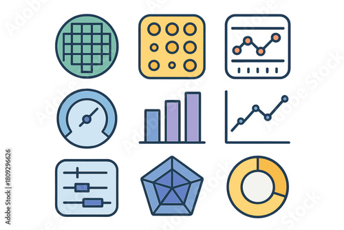 Colorful icons for data visualization, statistical analysis, business intelligence, and dashboard elements