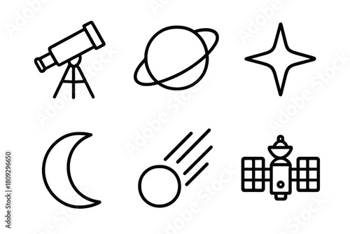 Outline symbols of space, astronomy, telescope, planet, satellite, moon, and comet