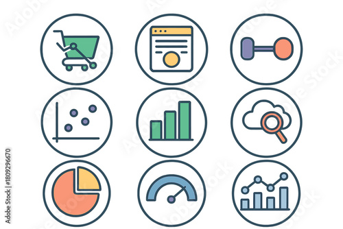Set of business, finance, and data analytics symbols covering performance and shopping
