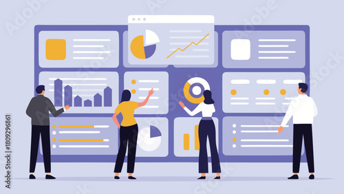 Diverse team of professionals collaborating and interacting with animated data visualizations in a modern office setting showcasing teamwork and innovation