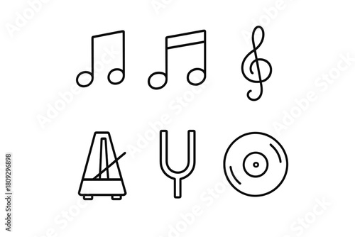 Musical symbols and instruments including notes, clef, metronome, tuning fork, and vinyl record