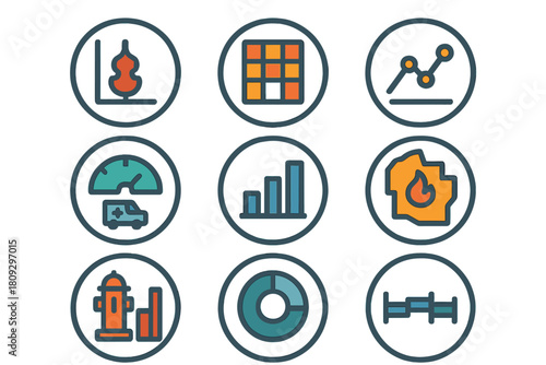 Colorful data visualization and emergency service symbols for analytics reports