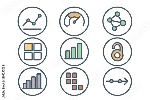Modern business data analysis icons set with charts, graphs, and performance gauges