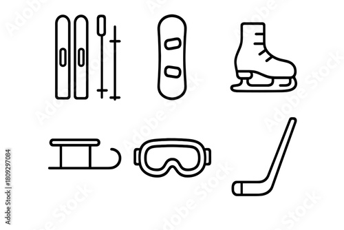 Essential winter sports equipment and accessories including skis, snowboard, and skates