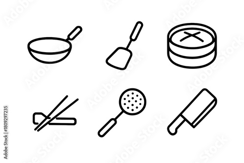 Essential kitchen cooking tools and utensils set including pan, spatula, and cleaver