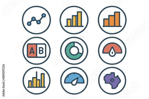 Colorful business data analytics icons with charts, graphs, A/B testing, and gauges