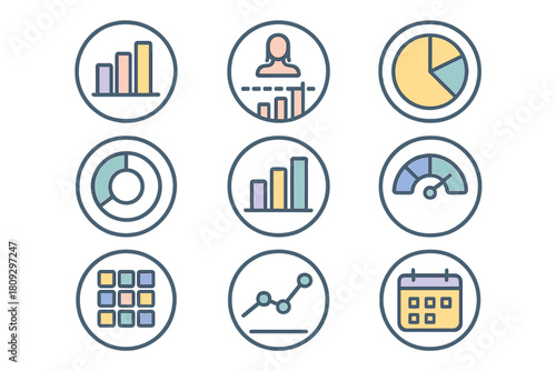 Colorful set of business data analytics and reporting interface elements