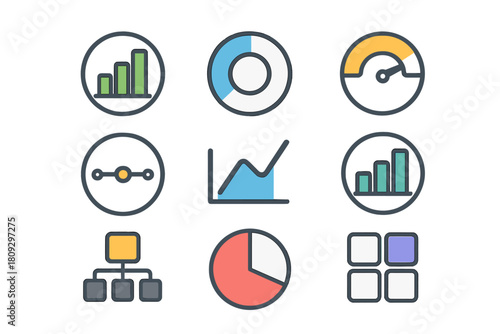 Nine colorful business data visualization and analysis icons for web and mobile apps