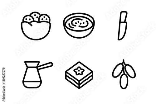 Set of minimalist outline icons representing Middle Eastern and Mediterranean culture and cuisine