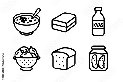 Traditional Eastern European cuisine icons featuring soup, bread, kvas, and pickled vegetables