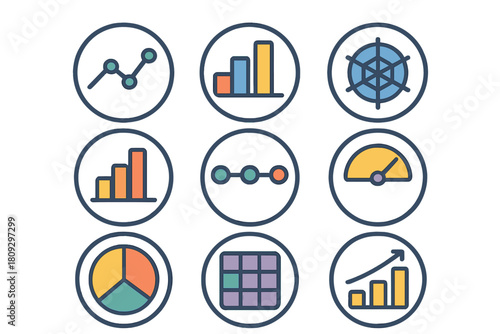Modern collection of nine colorful business data analysis and financial report icons set