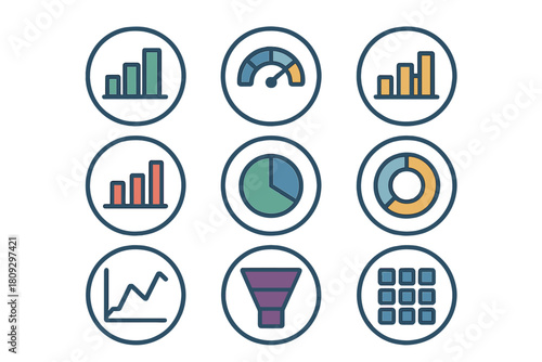 Collection of nine business and data visualization icons including bar charts, pie charts, line graph, gauge, and funnel symbols