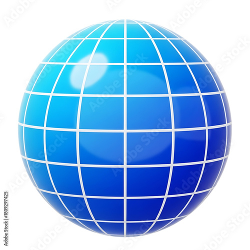 A shiny blue globe with a white grid pattern symbolizing global connectivity and technology against a stark black background