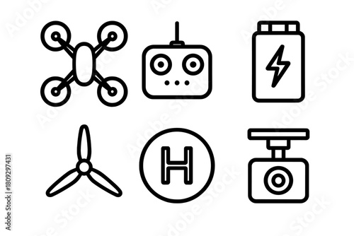 Essential drone equipment components including quadcopter, remote control, battery, and propeller