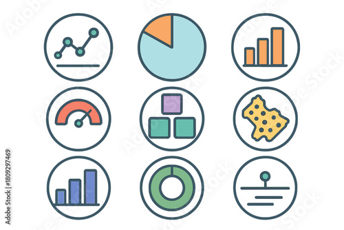 Colorful business and finance data visualization icons set for dashboards and reports