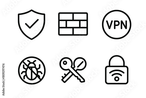 Digital security and internet protection icons featuring VPN, firewall, and anti-virus concepts