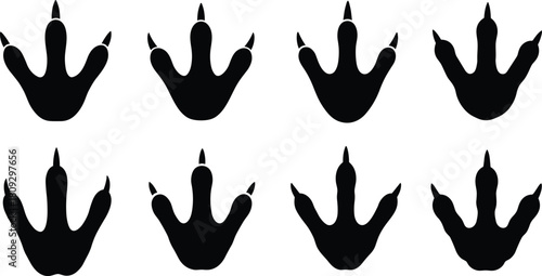 Black bird footprint silhouettes arranged in repeating pattern, isolated animal track icons for wildlife design, nature graphics, decoration, and illustration use