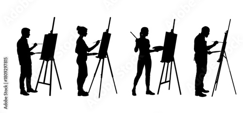 Set of artists silhouettes painting on easel - vector illustration

