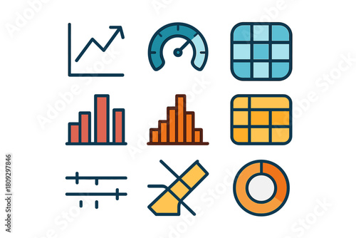 Set of nine data analysis and business statistics icons for dashboards and reports visualization