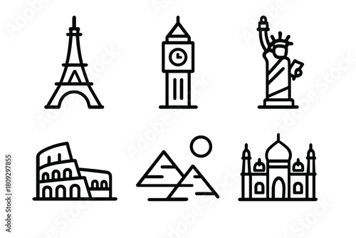 Famous global travel landmarks and monuments outline symbols collection