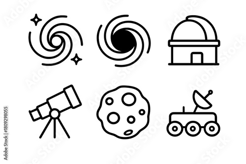 Astronomy and space exploration symbols featuring galaxy, black hole, telescope, observatory, and space rover