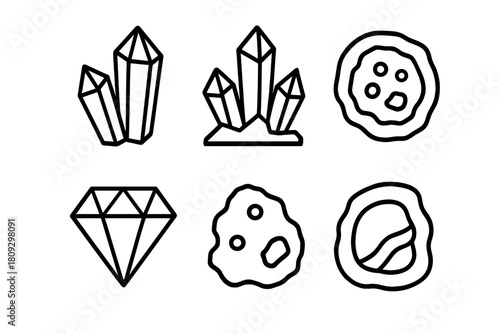 Outline icons of natural crystals, raw minerals, and brilliant cut diamond