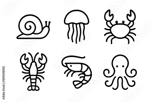 Minimalist black outline icons of aquatic creatures and garden snail