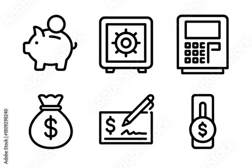 Outline symbols for banking, finance, investment, security, savings, safe deposit, and payment methods