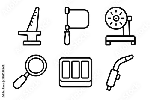 Essential jewelry making tools and equipment like ring mandrel, saw, polishing motor, and welding torch