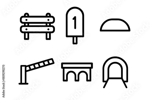 Infrastructure and travel elements featuring barriers, signs, bridges, and tunnels