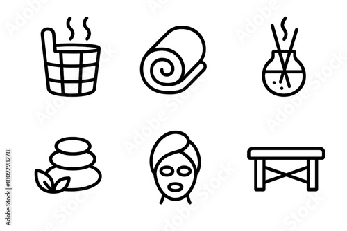 Spa beauty and wellness services icons including massage sauna and facial treatment