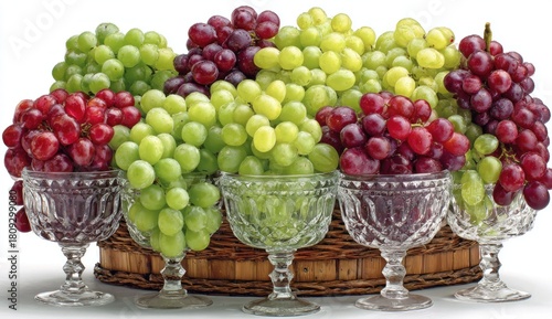 Colorful assorted grapes overflowing five crystal bowls set on a woven basket