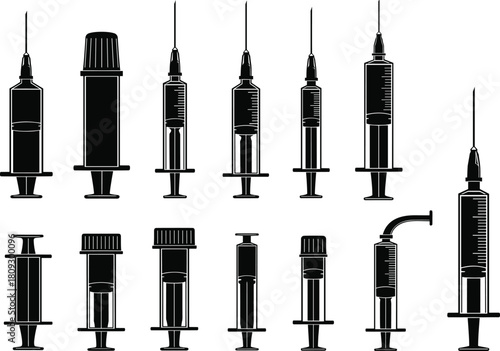 Black medical syringe silhouettes set isolated on white background, detailed injection needle illustration collection for healthcare, vaccination, clinic, and laboratory use
