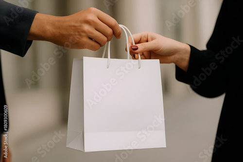 Elegant hands exchanging a pristine white shopping bag, perfect for branding or retail concepts, conveying luxury and a seamless customer experience