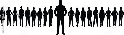 Silhouette leadership concept, central figure, group unity, teamwork, hierarchy, influence, black vector icons, standing people, organized formation, collection