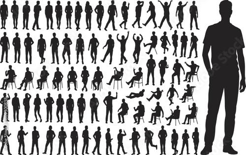 Silhouette human poses, standing, sitting, walking, jumping, gesturing, chair interaction, black vector icons, body language, motion, collection