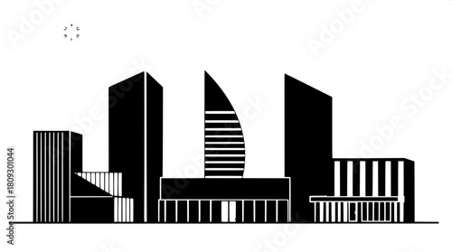 Simplified architectural illustration of a group of modern buildings with sleek lines and geometric forms, rendered as black filled shapes against a neutral background, in a clean and modern graphic s