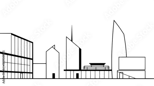 Simplified architectural illustration of a group of modern buildings with sleek lines and geometric forms, rendered as black filled shapes against a neutral background, in a clean and modern graphic s