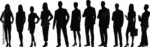 Silhouette business people, professionals, standing poses, formal attire, teamwork, diversity, leadership, black vector icons, corporate concept, collection