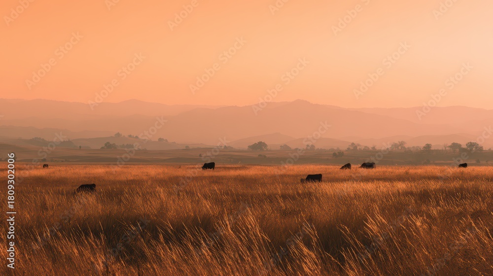 Obraz premium Pastoral scene of grazing cattle with a glowing sunset sky