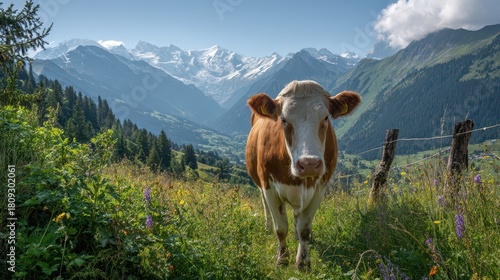 Pastoral scene: a cow in the Swiss countryside with distant mountains