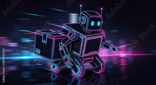 Autonomous delivery mechanism moves quickly through a neon-lit futuristic environment