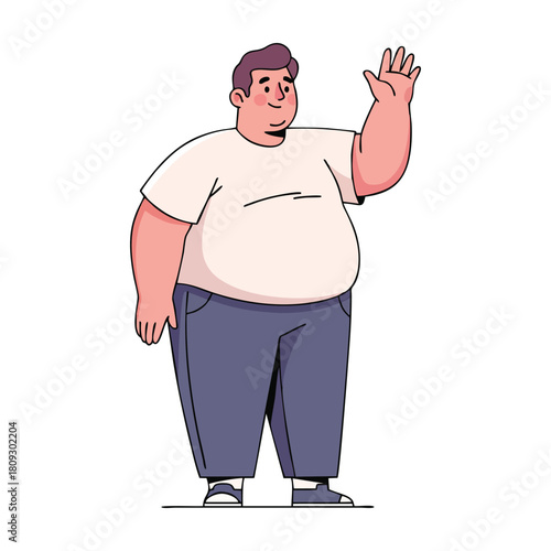 Friendly fat man waving hello with a welcoming smile in casual clothing