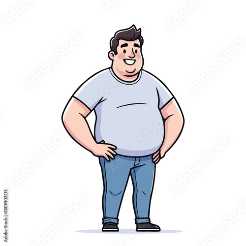 Confident chubby man standing casually with hands on hips smiling proud