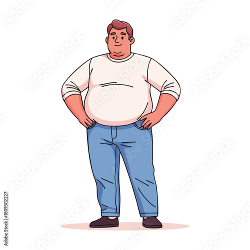Confident fat man standing relaxed pose, hands on hips, casual fashion style