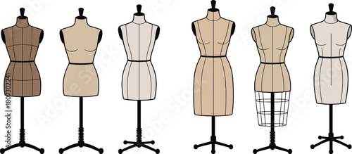 Fashion dress forms, tailoring mannequins, garment fitting tools, sewing studio decor, clothing design setup, stylish illustration, fashion design essentials