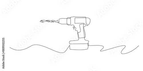Continuous line drawing of a cordless drill.One line drawing in a simple minimalist style, highlighting a handheld power tool commonly used in construction, woodworking, and home repair tasks.
