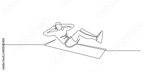 Continuous line drawing of a man doing bicycle crunch exercise on a mat.Single line drawing of a man exercising with bicycle crunch movement on a mat.Fitness activities and core body exercises.