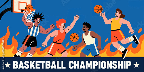 Basketball championship scene with players dunking, colorful flat design